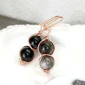 Black Obsidian Crystal Dangle Earrings, Copper Gemstone Jewelry 1.5"